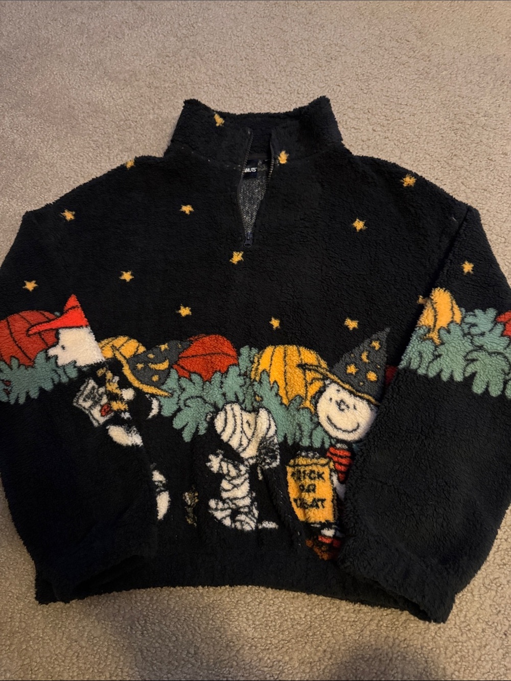 Peanuts Black Halloween Sherpa Half-Zip Sweater with Multicolor Graphics